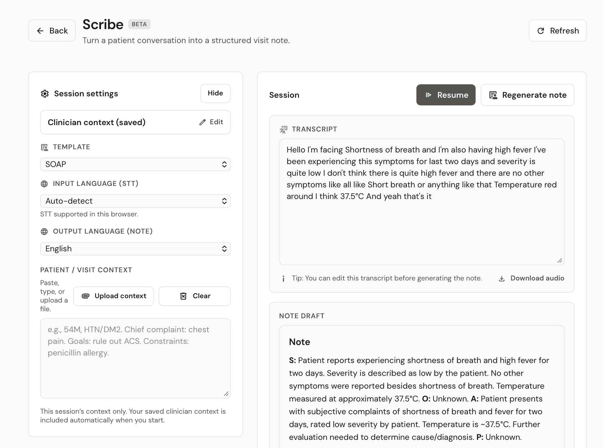 Scribe session settings showing template selection, language, and patient context controls.